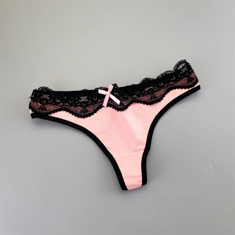 Lot de 6 strings Lolita sexy à volants et dentelle, confortables et en coton avec nœud.