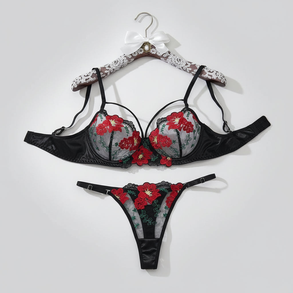 Ensemble soutien-gorge et culotte brodés deux pièces,ensemblede lingerie florale brodée pour femme,ensemble de sous-vêtements