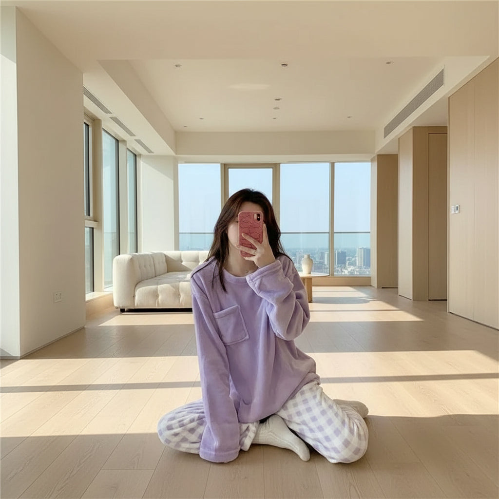 Pyjama Cocoon Bleu – Ensemble Polaire à Carreaux Ultra Doux