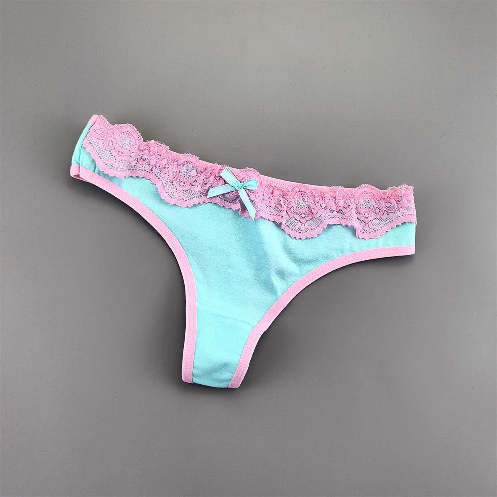 Lot de 6 strings Lolita sexy à volants et dentelle, confortables et en coton avec nœud.
