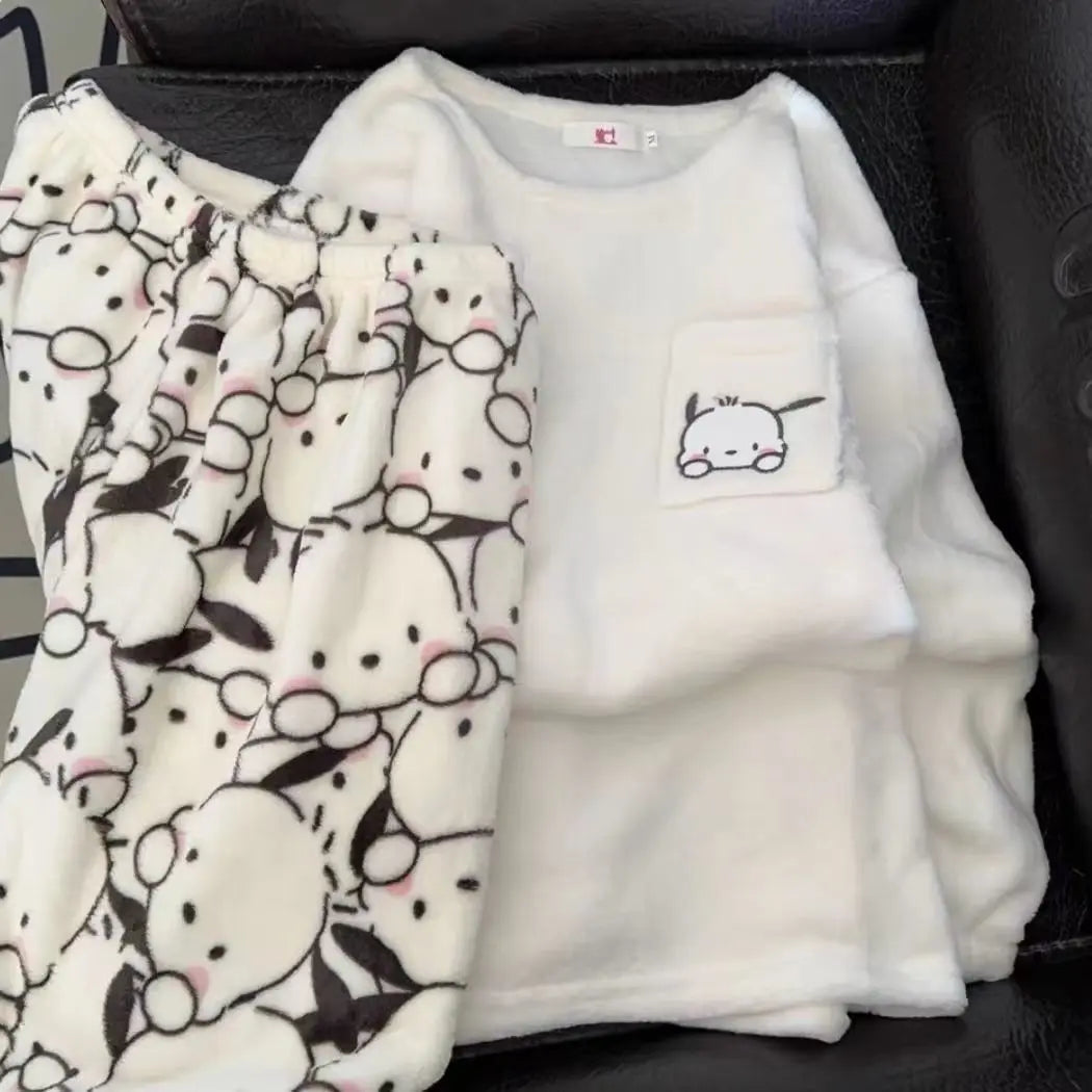 Pyjama Kawaii Sanrio Hello Kitty, doux et confortable, en flanelle pour femme, idéal pour l'hiver. Nouveau survêtement chaud et moelleux en velours.