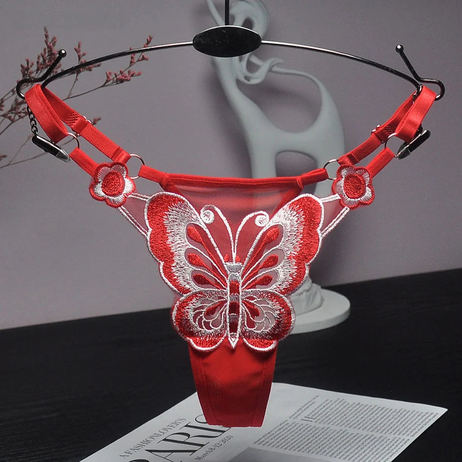 Culotte string sexy en dentelle pour femme, culotte taille basse papillon, string transparent en maille, taille ajustable.