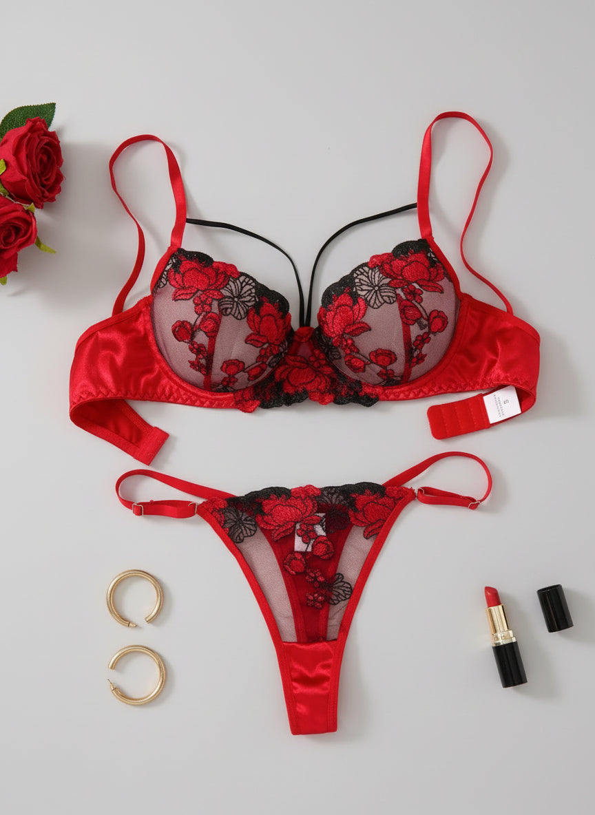Ensemble soutien-gorge et culotte brodés deux pièces,ensemblede lingerie florale brodée pour femme,ensemble de sous-vêtements