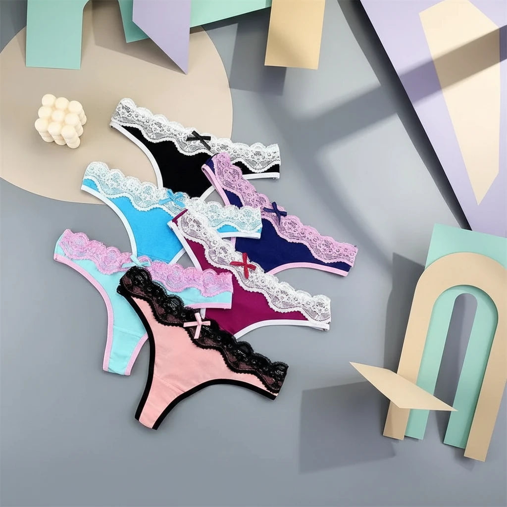 Lot de 6 strings Lolita sexy à volants et dentelle, confortables et en coton avec nœud.