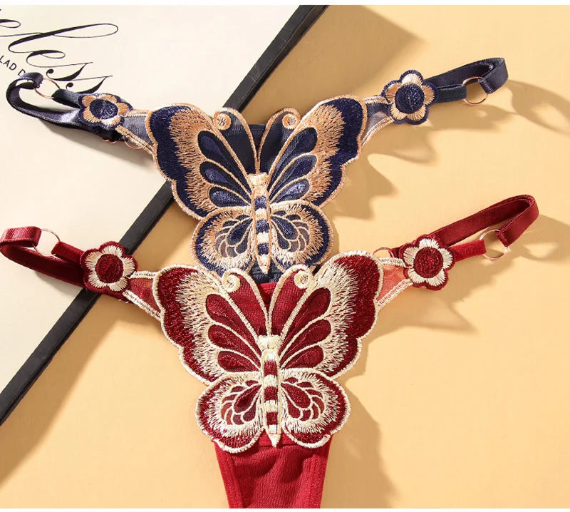 Culotte string sexy en dentelle pour femme, culotte taille basse papillon, string transparent en maille, taille ajustable.