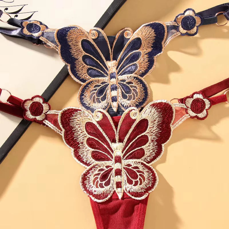 Culotte string sexy en dentelle pour femme, culotte taille basse papillon, string transparent en maille, taille ajustable.