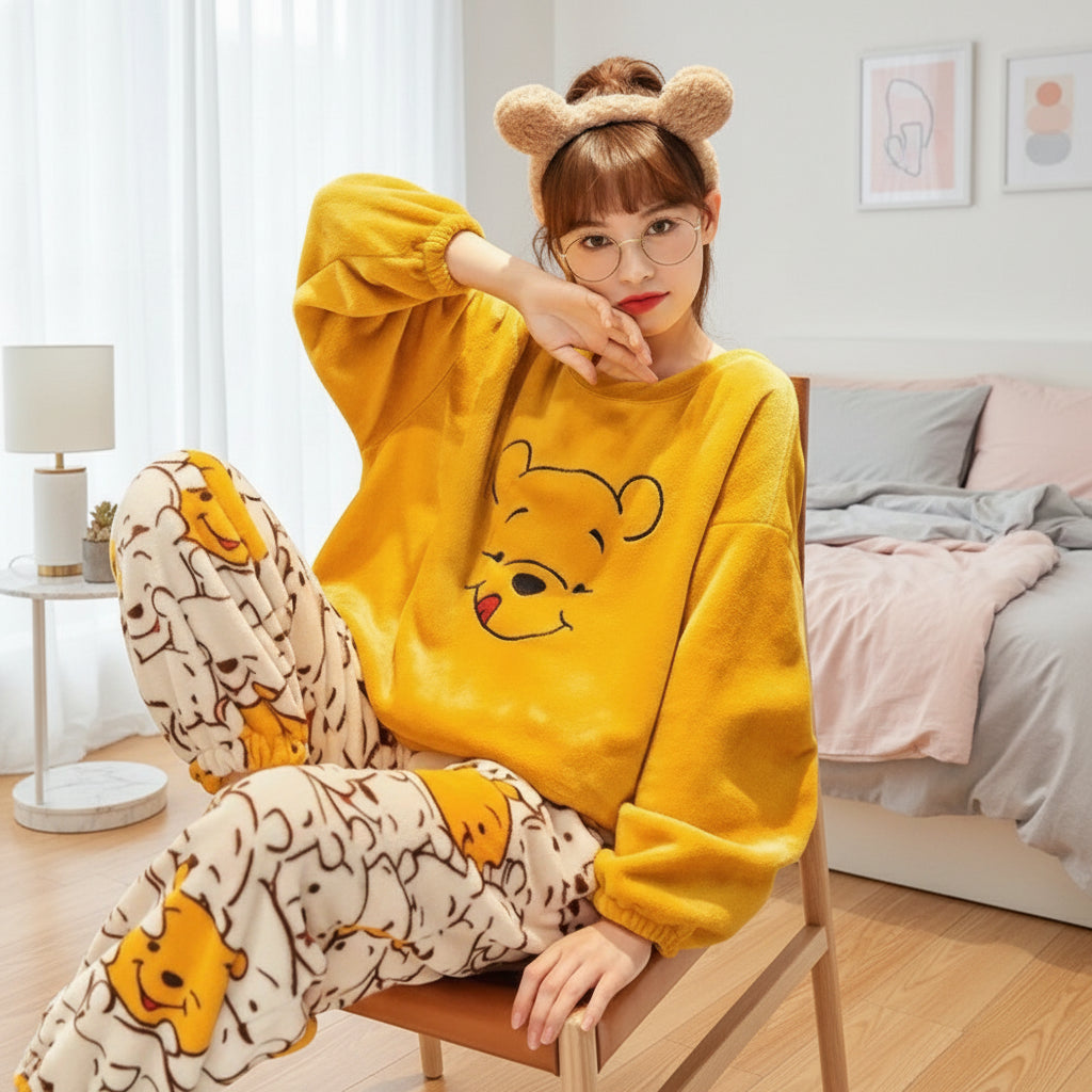 Ensemble pyjama unisexe en polaire corail épaisse, motif mignon et créatif avec les personnages de Donald Duck et Winnie l'Ourson.