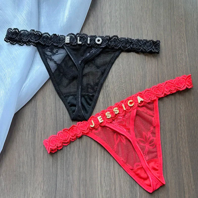 Culotte bikini en dentelle avec inscription en cristal personalisée taille basse ,bijoux de corps sexy pour femme