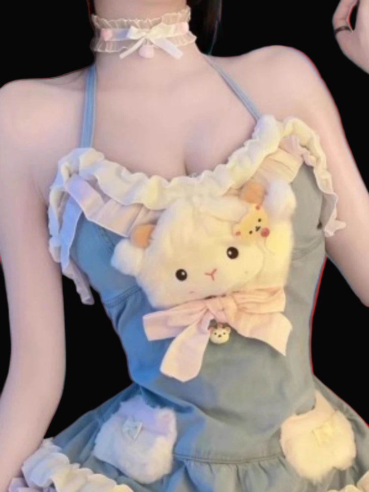 Robe courte lolita ,style japonaise ,col halter,noeux papillon