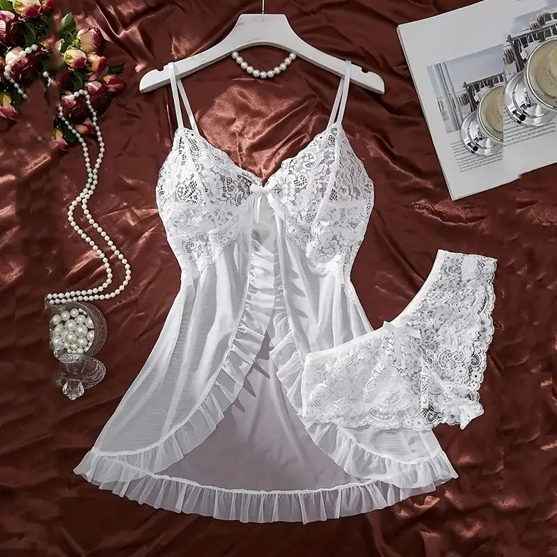Ensemble de sous-vêtements féminins : nuisette, string, porte-jarretelles, lingerie en dentelle, accessoires sexy, soutien-gorge érotique, nuisette