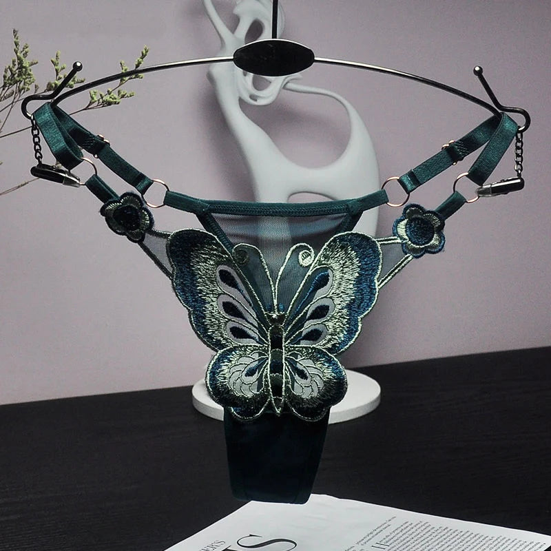 Culotte string sexy en dentelle pour femme, culotte taille basse papillon, string transparent en maille, taille ajustable.