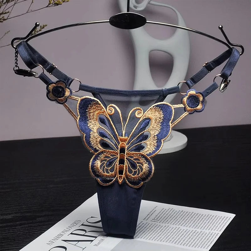 Culotte string sexy en dentelle pour femme, culotte taille basse papillon, string transparent en maille, taille ajustable.