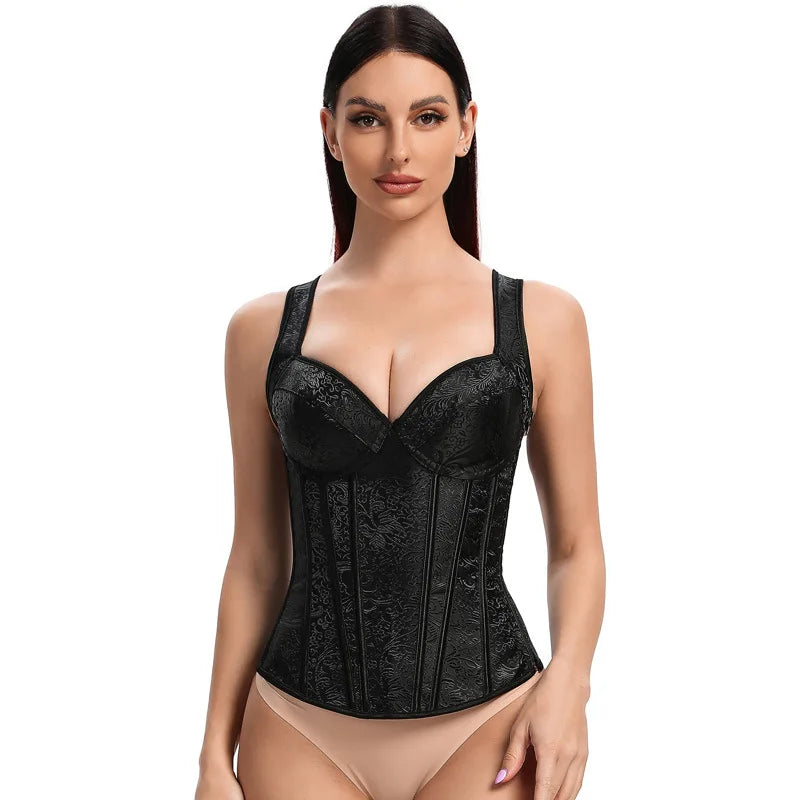 Corset femme à bretelles, corset noir couvrant la poitrine, gilet grande taille, corsets et bustiers steampunk, corset jacquard à lacets et baleines