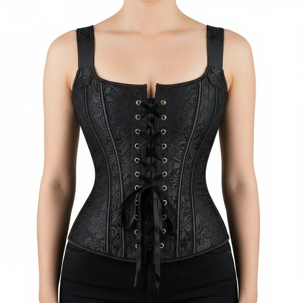 Corset femme à bretelles, corset noir couvrant la poitrine, gilet grande taille, corsets et bustiers steampunk, corset jacquard à lacets et baleines