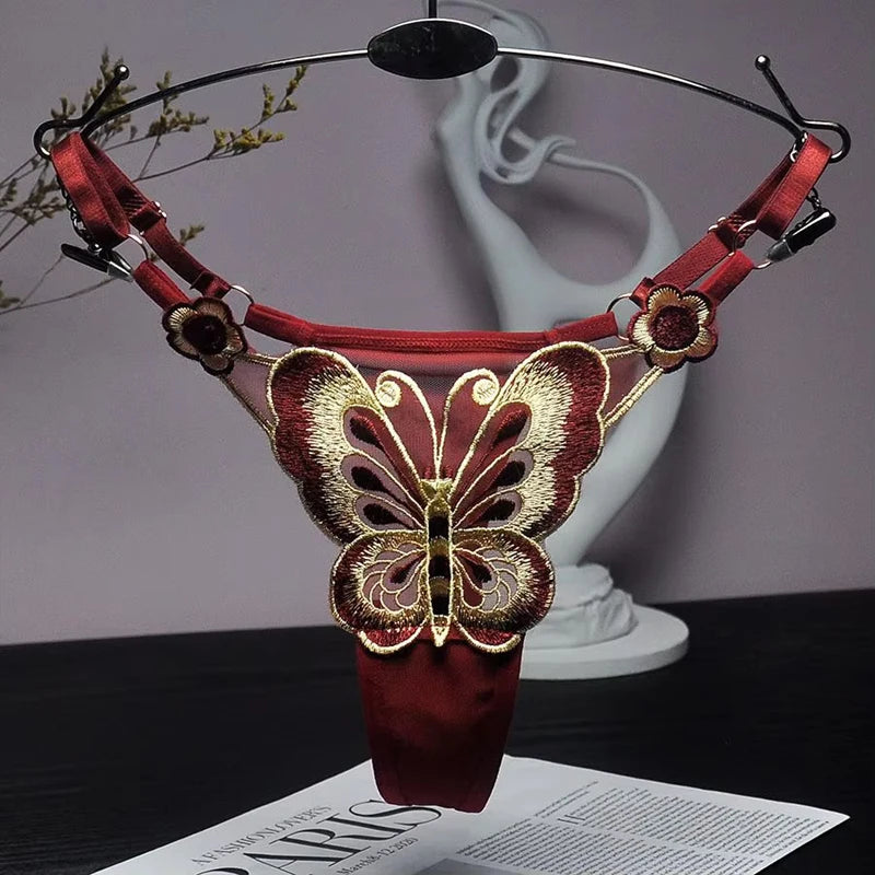 Culotte string sexy en dentelle pour femme, culotte taille basse papillon, string transparent en maille, taille ajustable.