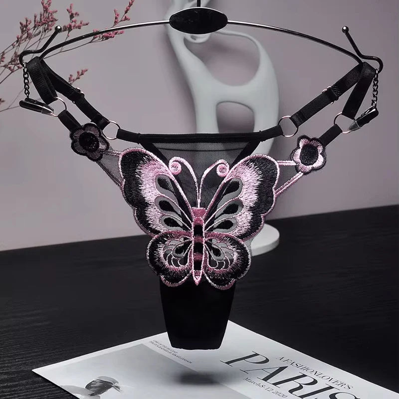 Culotte string sexy en dentelle pour femme, culotte taille basse papillon, string transparent en maille, taille ajustable.