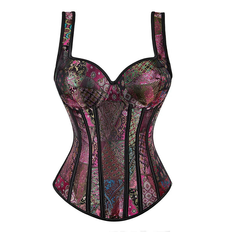Corset femme à bretelles, corset noir couvrant la poitrine, gilet grande taille, corsets et bustiers steampunk, corset jacquard à lacets et baleines
