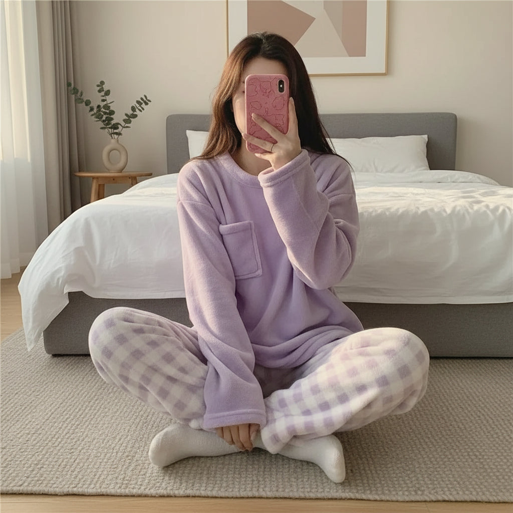 Pyjama Cocoon Bleu – Ensemble Polaire à Carreaux Ultra Doux