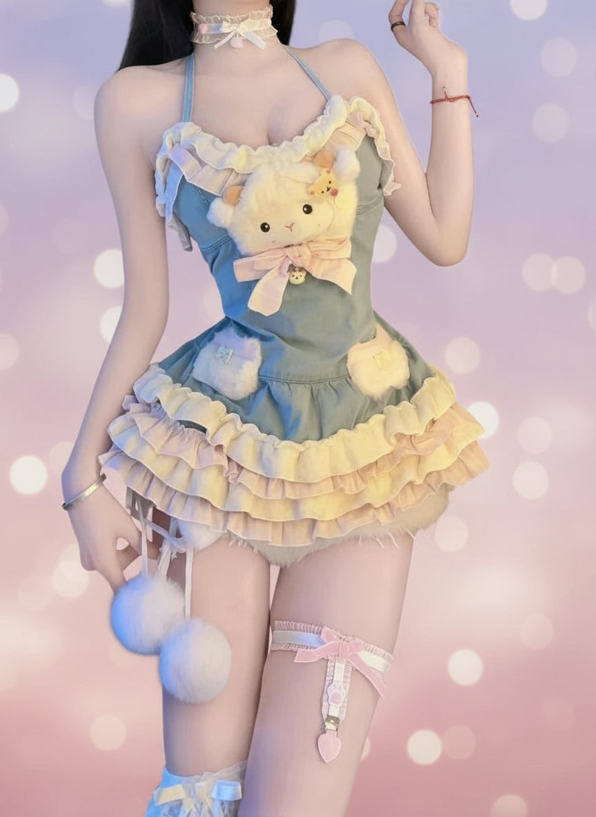 Robe courte lolita ,style japonaise ,col halter,noeux papillon