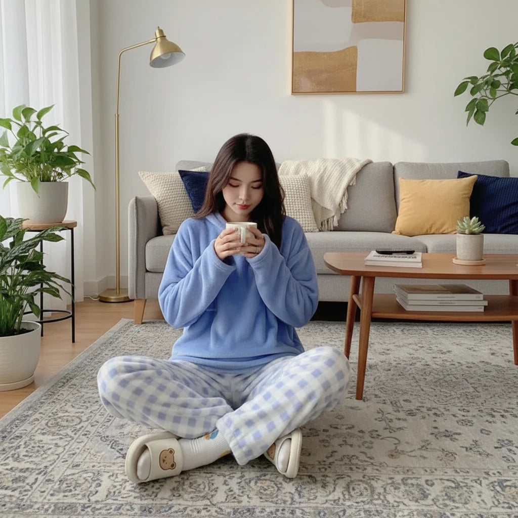 Ensemble de 2 pièces : haut et pantalon de pyjama en flanelle chaude et épaisse pour femme, idéal pour les étudiantes, vêtements de nuit d'hiver avec motif ours en peluche.