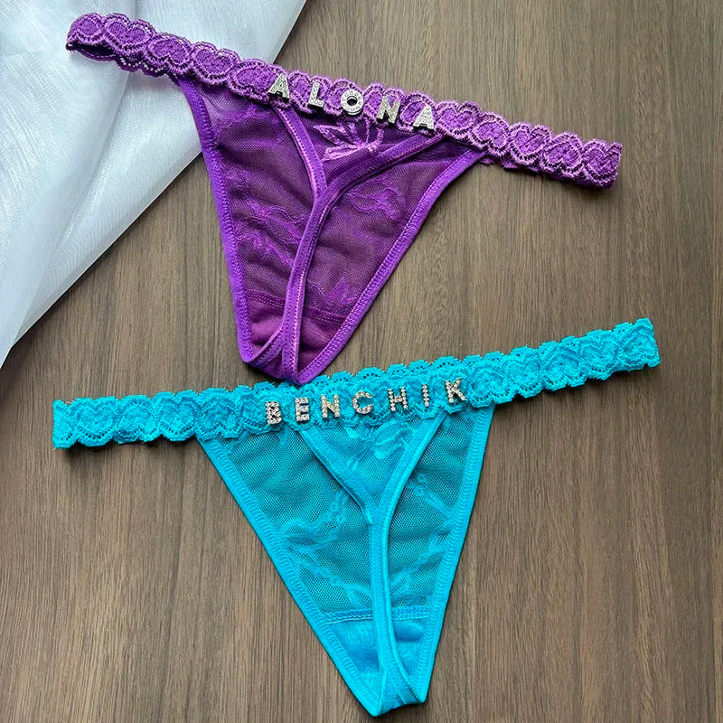 Culotte bikini en dentelle avec inscription en cristal personalisée taille basse ,bijoux de corps sexy pour femme