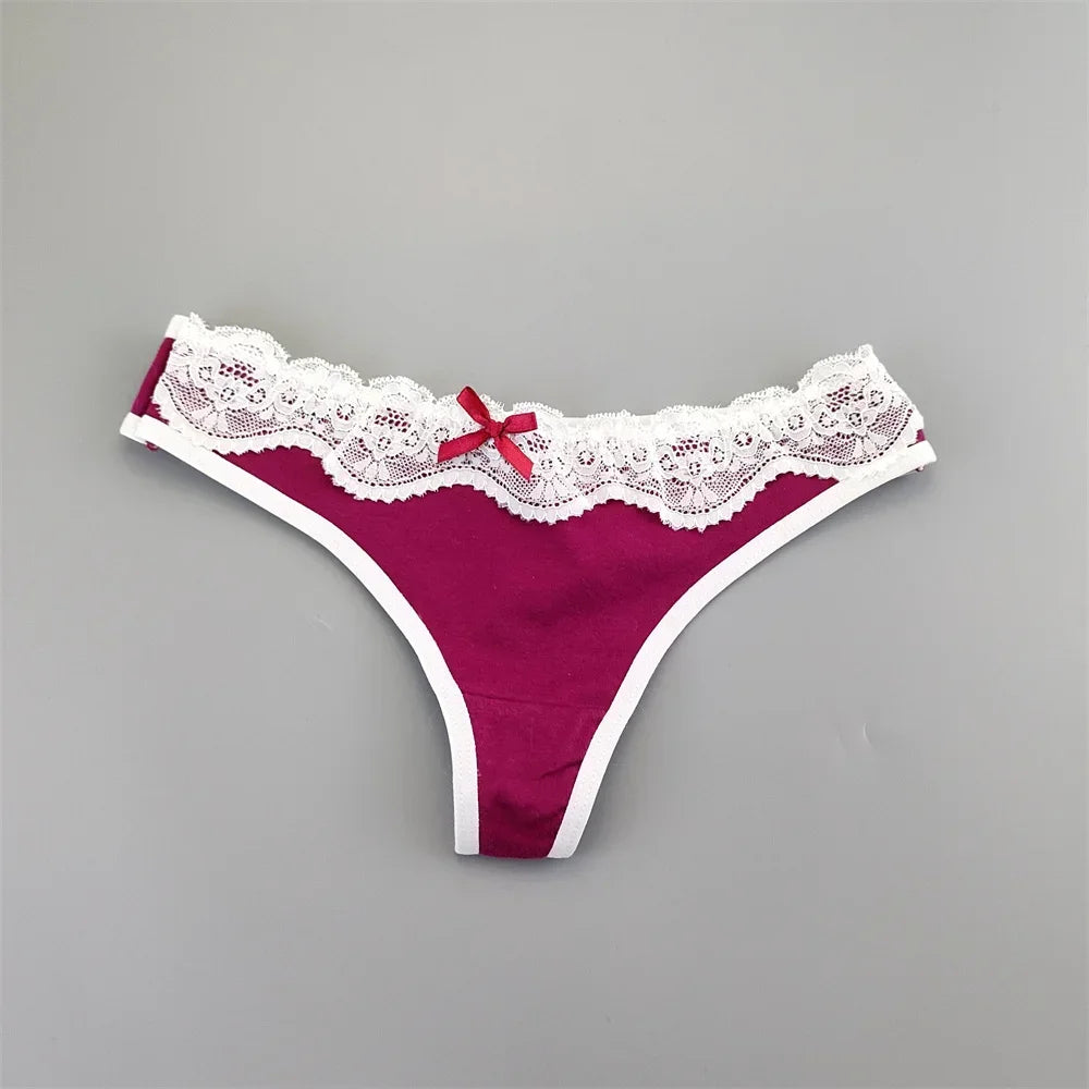 Lot de 6 strings Lolita sexy à volants et dentelle, confortables et en coton avec nœud.